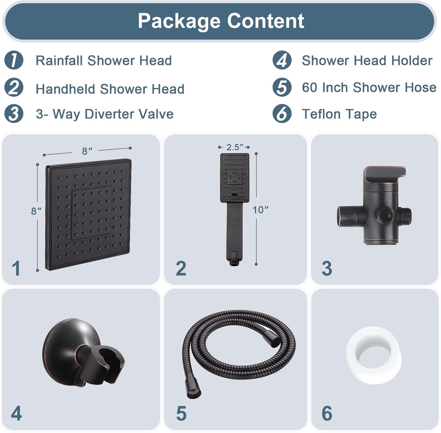 BRIGHT SHOWERS Rain Shower Head with Handheld Spray 5 ft. Shower Hose Combo Includes Wall Mount Suction Bracket 3-Way Water Diverter Mount (8 Inch Square, Oil Rubbed Bronze)