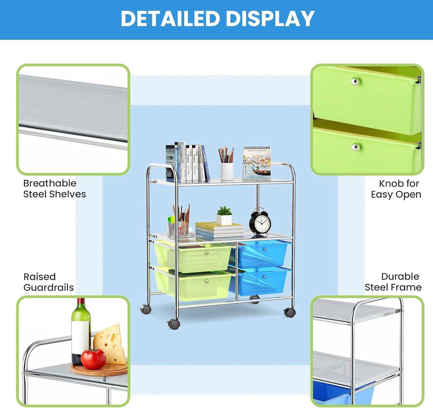 Costway 4 Drawers Rolling Storage Cart Metal Rack Shelf Home Office Furniture 2 Shelves