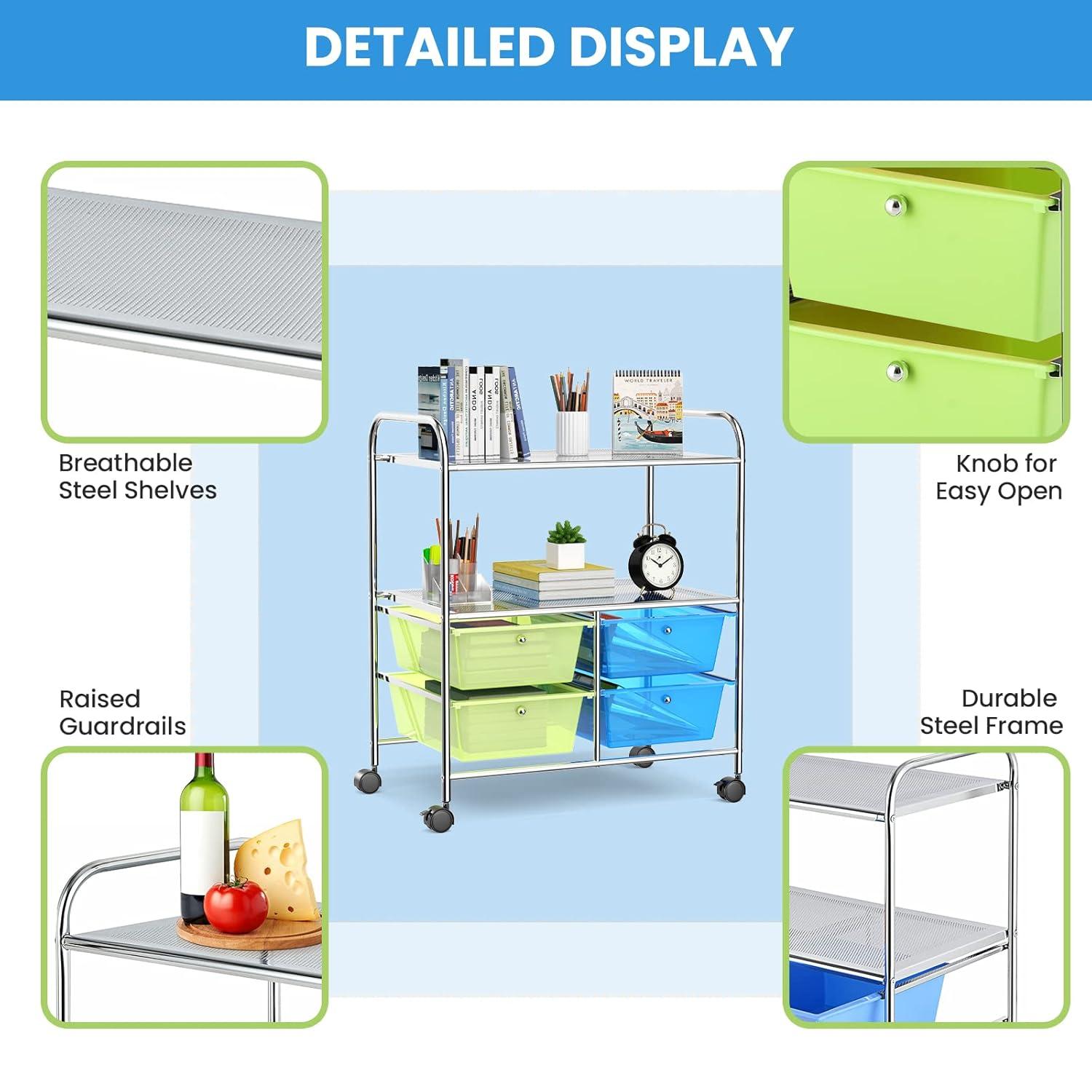 Costway 4 Drawers Rolling Storage Cart Metal Rack Shelf Home Office Furniture 2 Shelves