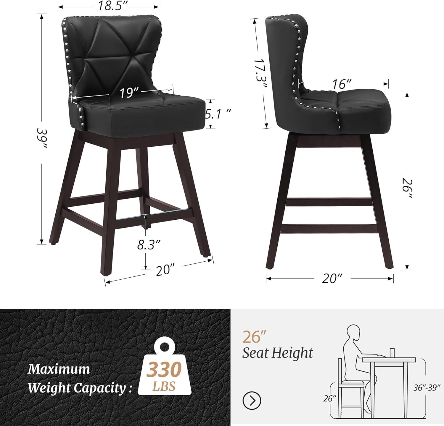 26" Black Faux Leather Swivel Bar Stools with Wood Frame, Set of 2