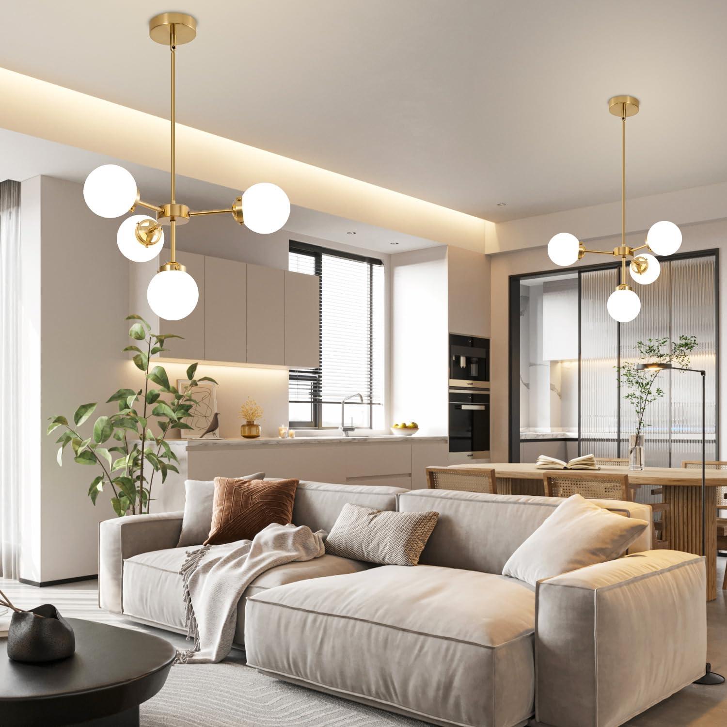 Gold Sputnik Chandelier 4-Light Globe Sputnik Ceiling Light Fixture Mid Century Sputnik Chandeliers with Milk Glass Shade