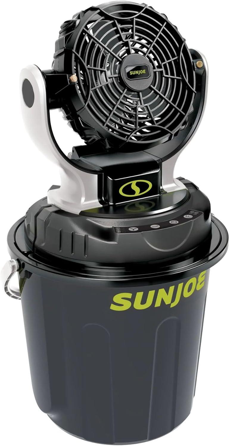Sun Joe 24 Volt IONMAX Cordless Misting Fan Kit, Indoor or Outdoor, with 6 Gallon Portable Bucket, 60 Square Foot Coverage, 2.0-AH Battery and