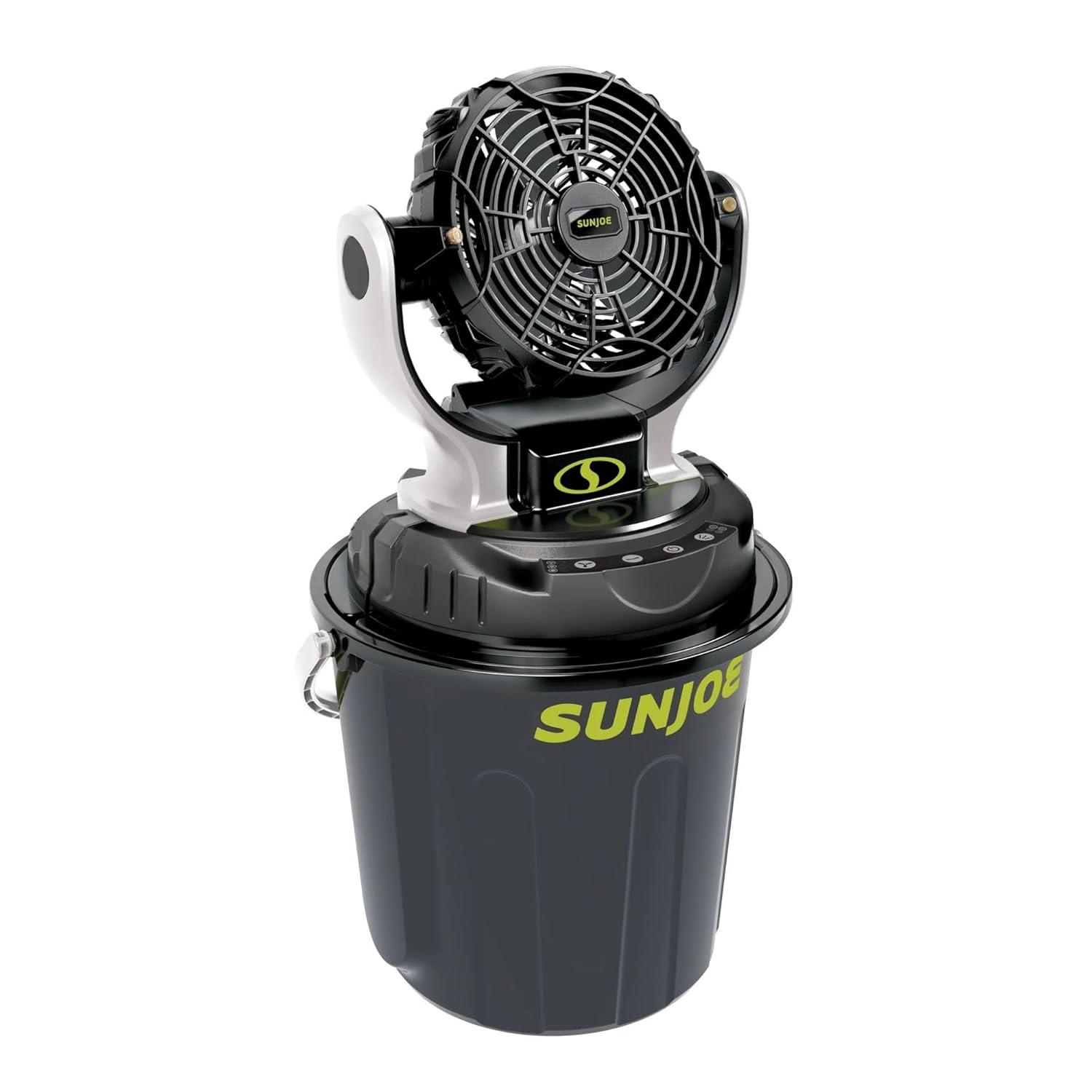 Sun Joe 24 Volt IONMAX Cordless Misting Fan Kit, Indoor or Outdoor, with 6 Gallon Portable Bucket, 60 Square Foot Coverage, 2.0-AH Battery and