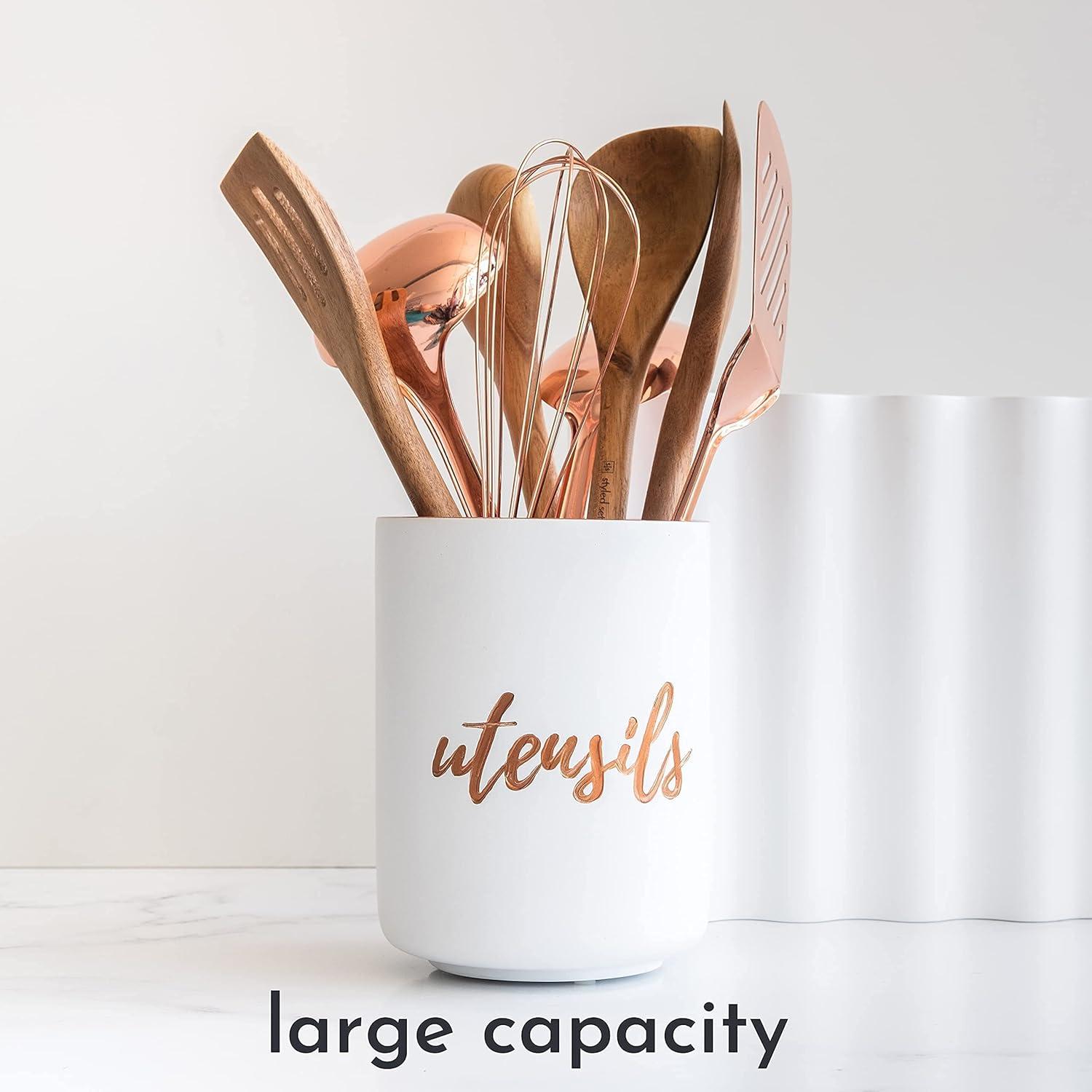 STYLED SETTINGS White Ceramic Utensil Holder with Interior Copper Finish - Large and Sturdy Spatula Holder - Rose Gold Kitchen Accessories, Stylish Countertop Utensil Organizer