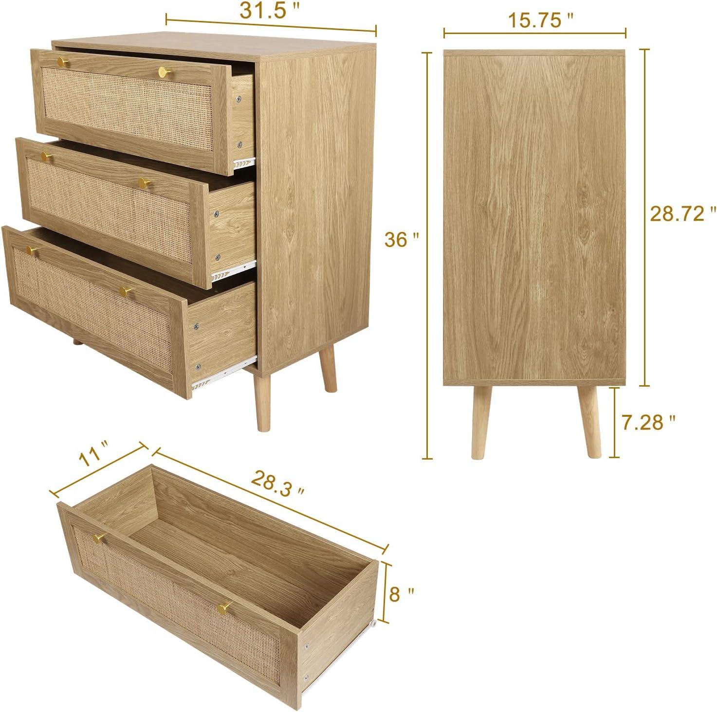 Bohemian Oak and Rattan 3-Drawer Dresser with Gold Handles