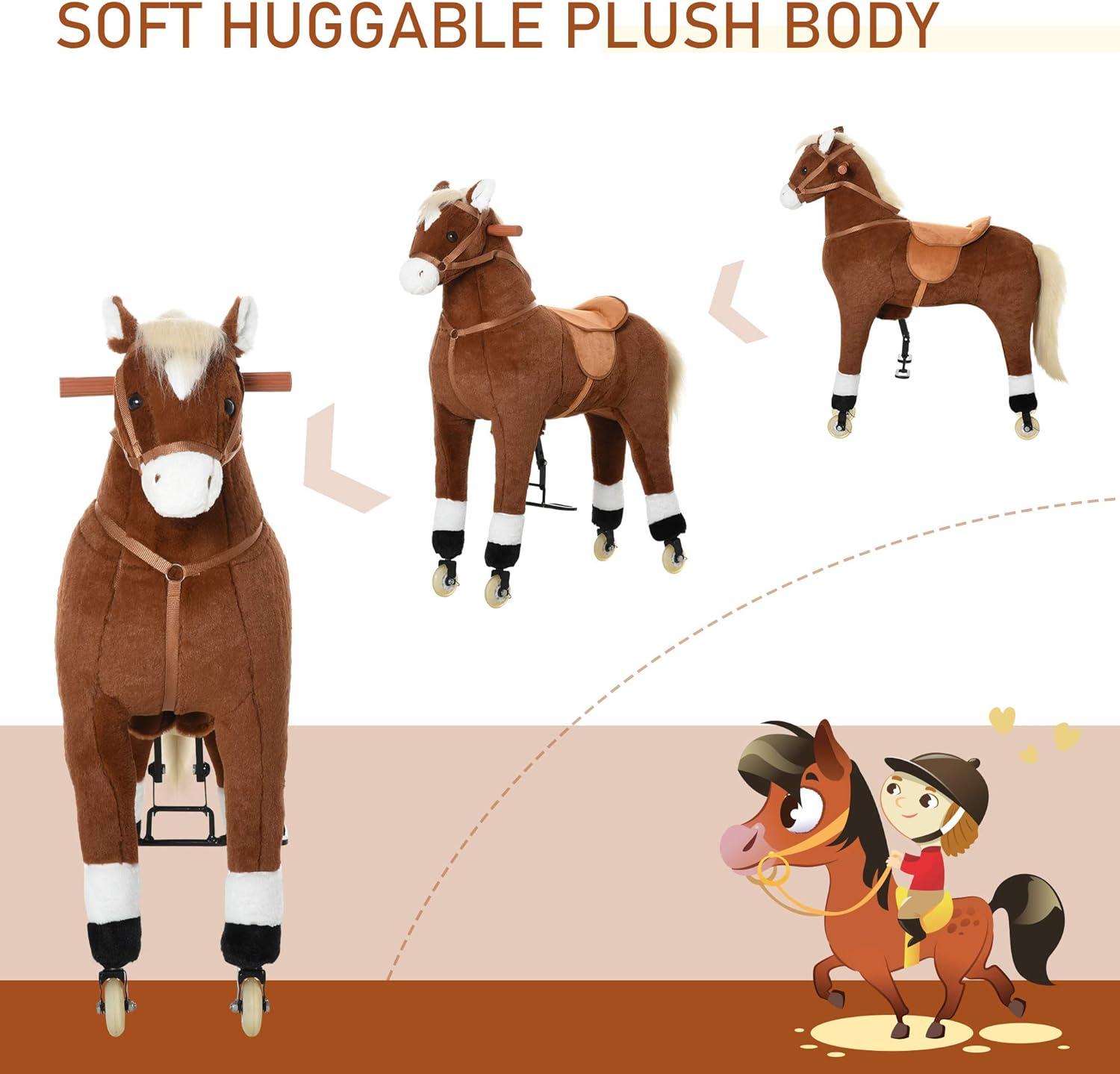 Qaba Kids Ride-on Walking Horse with Easy Rolling Wheels, Soft Huggable Body, & a Large Size for Kids 5-16 Years