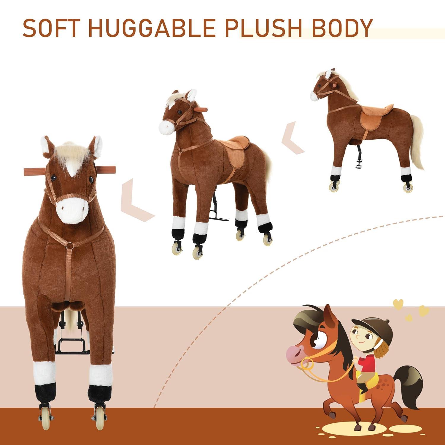 Qaba Kids Ride-on Walking Horse with Easy Rolling Wheels, Soft Huggable Body, & a Large Size for Kids 5-16 Years