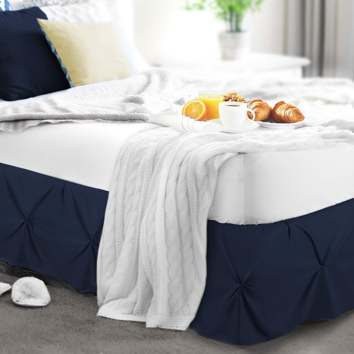 Navy Blue Pinch Pleat Queen Polyester Bed Skirt with 14" Drop