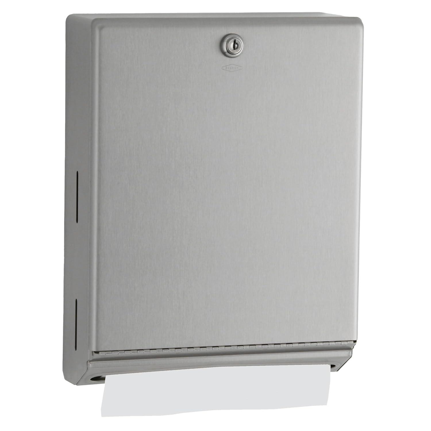 Bobrick B-262 Surface Mounted Paper Towel Dispenser - Stainless Steel Commercial Bathroom Towel Dispenser with Tumbler Lock 400 C-Fold or 525 Multifold Capacity