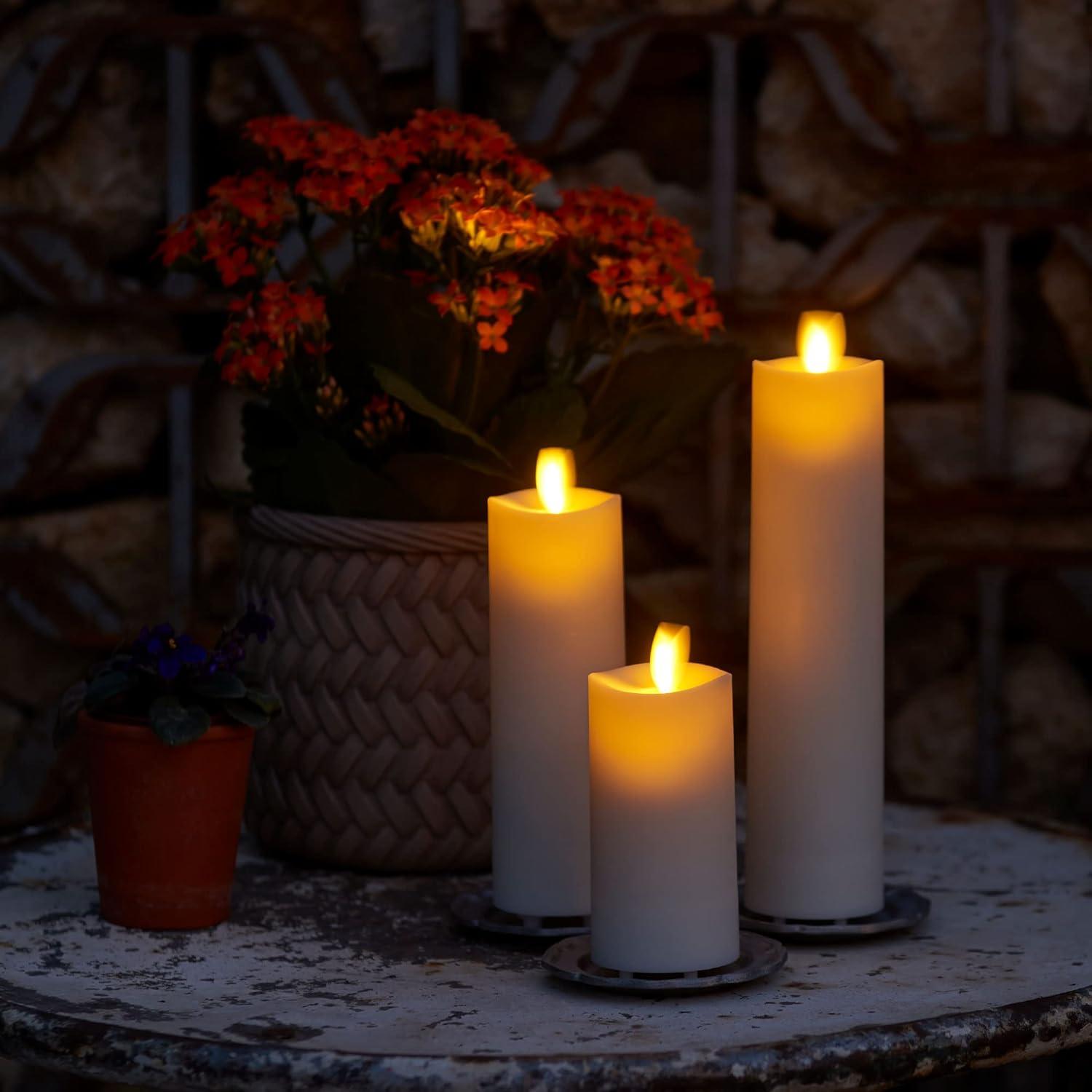 Luminara Outdoor Slim Pillar Flameless LED Candle, Set of 3 Ivory, Moving Flame Weather Resistant Remote Timer Ready Battery Operated Safe Melted Edge