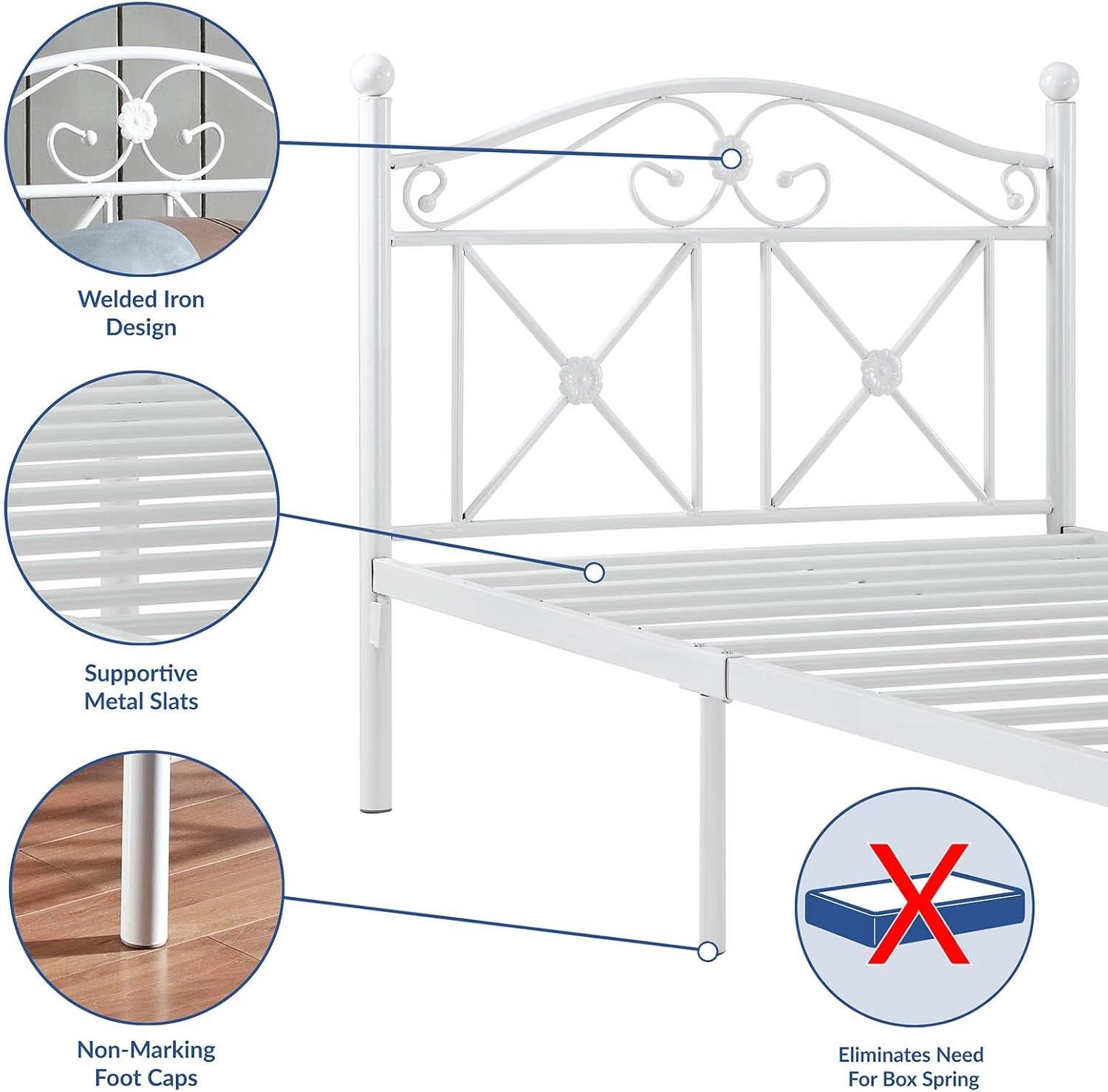 Serene White Metal Twin Bed with Latticework Headboard and Storage Drawer