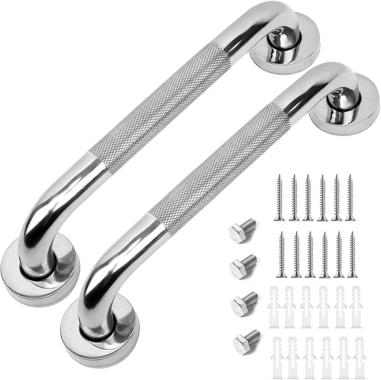 OUSITAID 2 Pack 12 Inch Anti Slip Shower Grab Bar Handle   Chrome Stainless Steel Bathroom Grab Bar  Knurled Bathroom Balance Bar Safety Hand Rail Support Handicap Elderly Injury Senior A