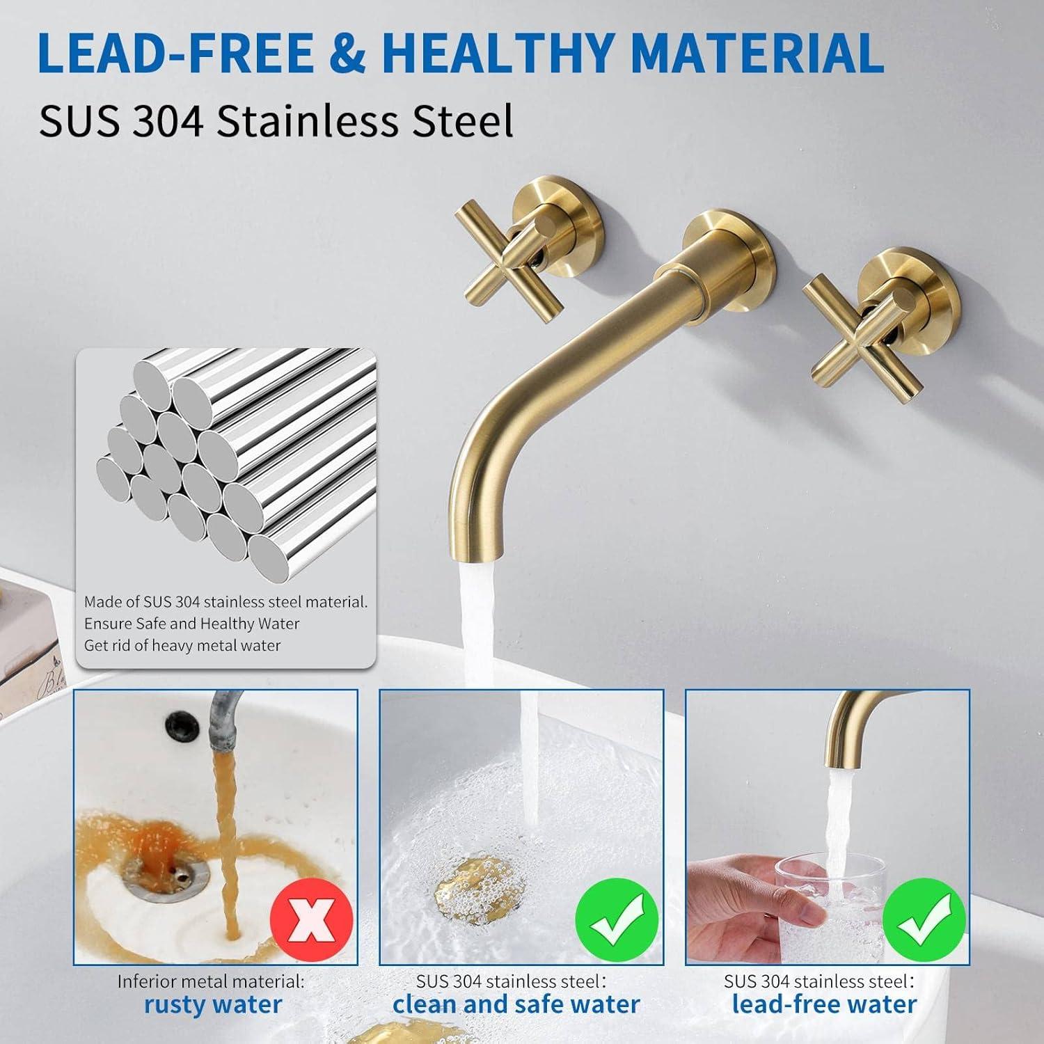 Brushed Gold Wall Mount Bathroom Faucet with Cross Handles