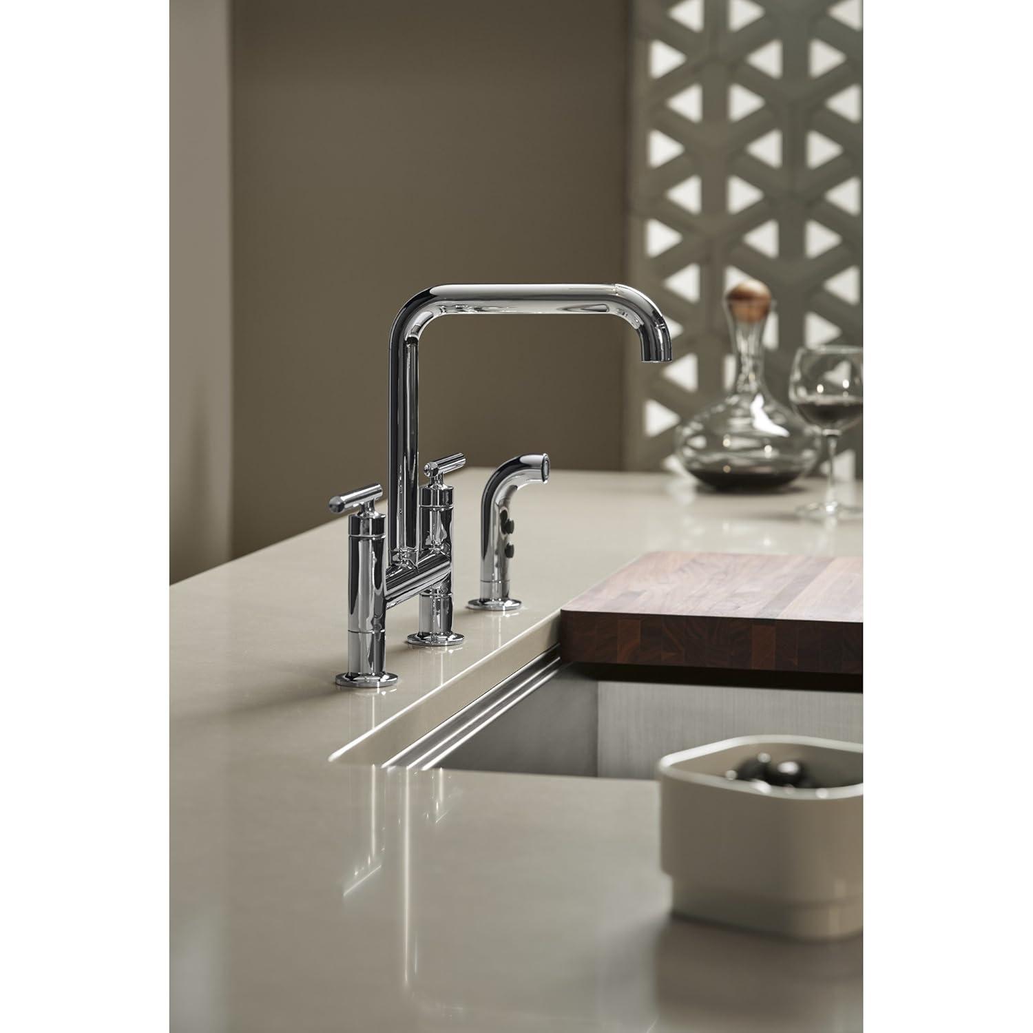 Kohler Purist® Two Handle Deck-Mounted Bridge Kitchen Sink Faucet with Pull Out Side Sprayer