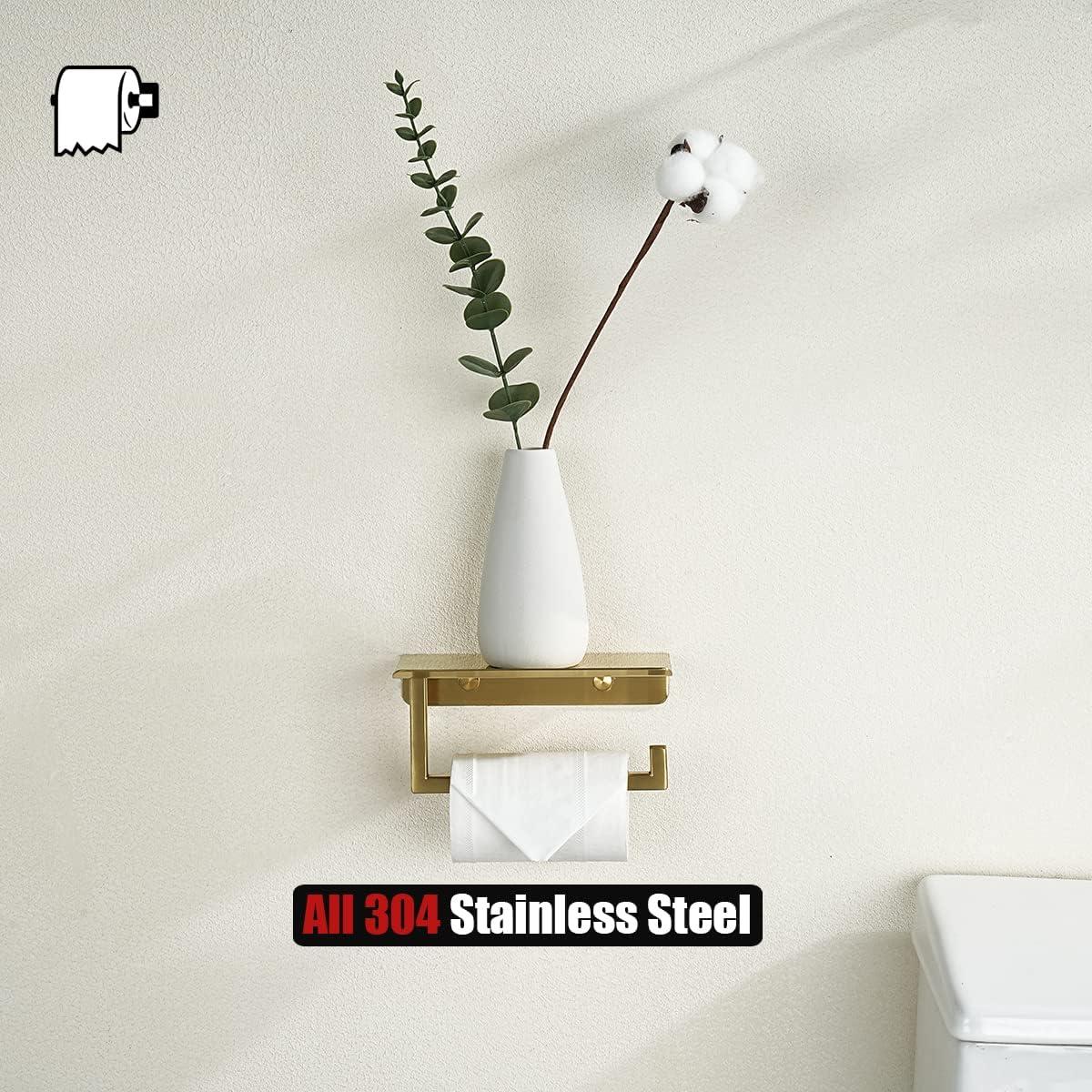 JQK Toilet Paper Holder Shelf, Bathroom Tissue Roll Holder with Phone Shelf, 5 Inch 304 Stainless Steel Tissue Paper Dispenser, Brushed Gold Finished Wall Mount, TPH202-BG