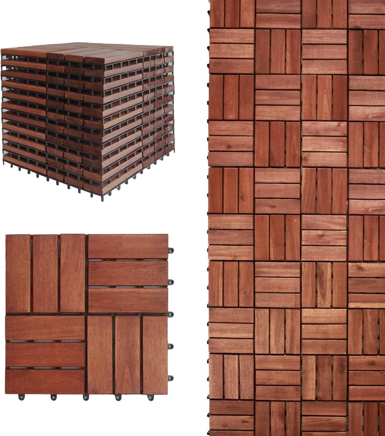 THYOI 10 Pcs Interlocking Deck Tiles 12" x 12", Patio Flooring Outdoor Waterproof, Acacia Wood Tiles All Weather, Floor Tiles for Balcony, Backyard, Indoor and Outdoor use (Round Joint, Dark Brown)