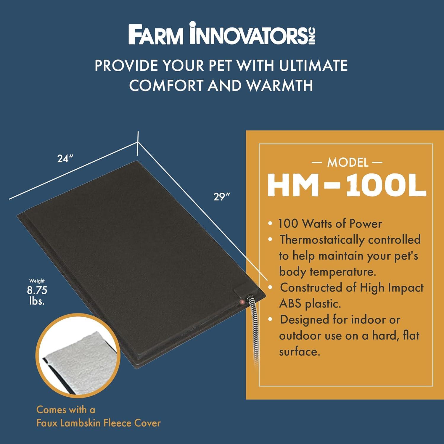 Farm Innovators HM-100L 24 x 29 In Plastic Heated Pet Mat with Fleece Cover and Heavy Duty Anti Chew Cord Protector for Dogs, Cats, and More, 100W