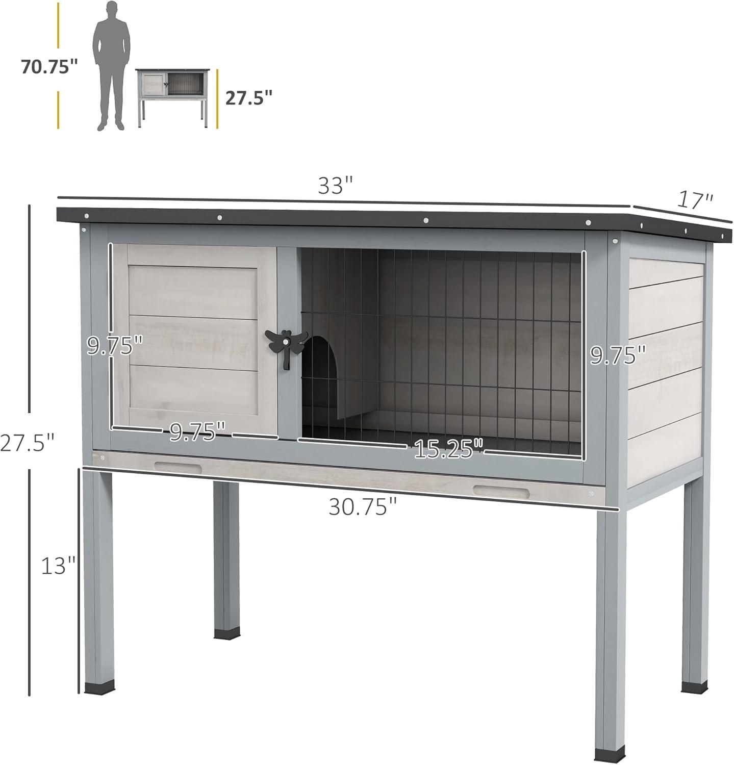 Gray and Black Elevated Fir Wood Guinea Pig Hutch with Hinged Roof