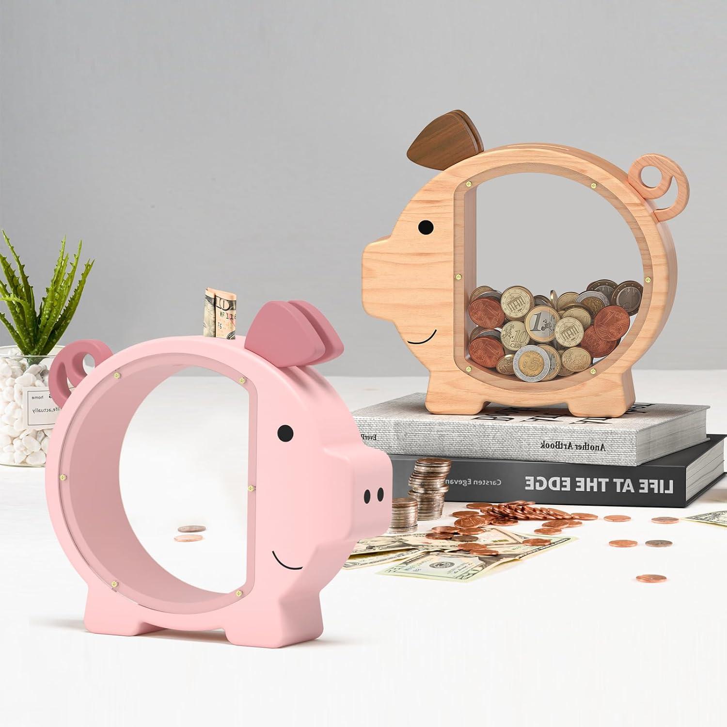Summidate Wooden Piggy Bank for Boys, Large Unbreakable Money Bank for Kids Adults, Bills Coin Change Money Saving Money Jar Personalized Present for Birthday Christmas& Decor