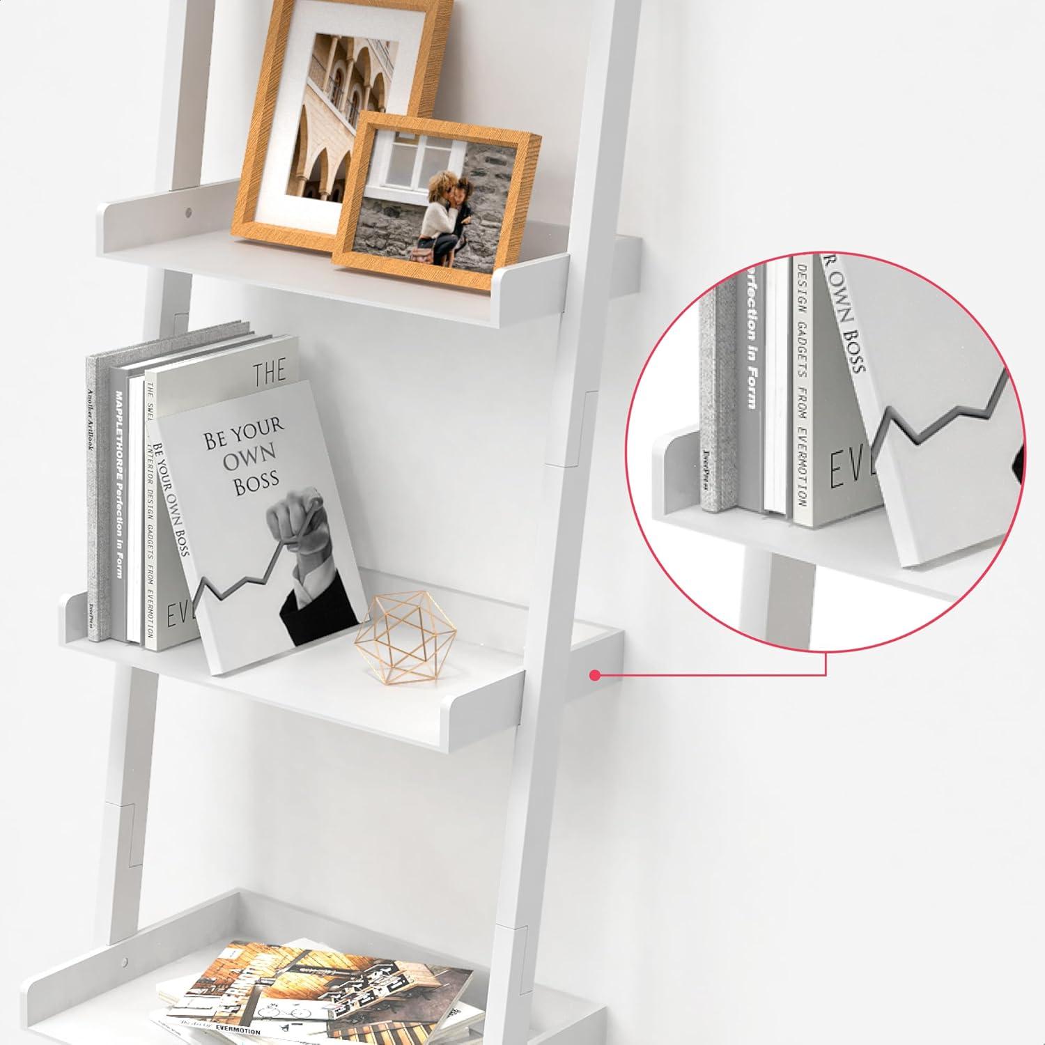 Ballucci 5-Tier Ladder Shelf, Wood Leaning Bookshelf, Modern Bookcase, 67" H x 18" W, White