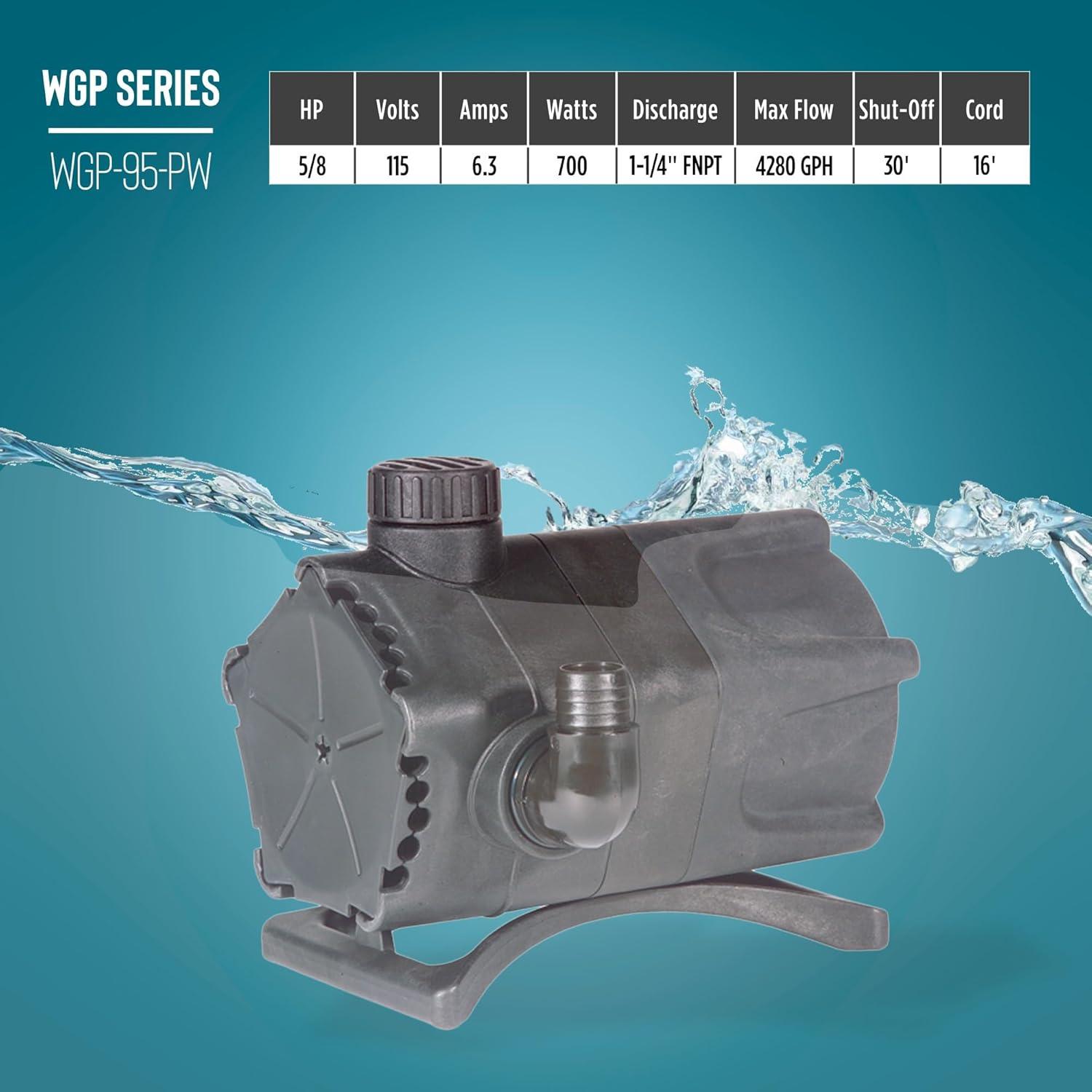 Little Giant WGP-95-PW 115 Volt, 4280 GPH Dual Discharge Direct Drive Submersible Waterfall and Pond Pump, Black, 566407