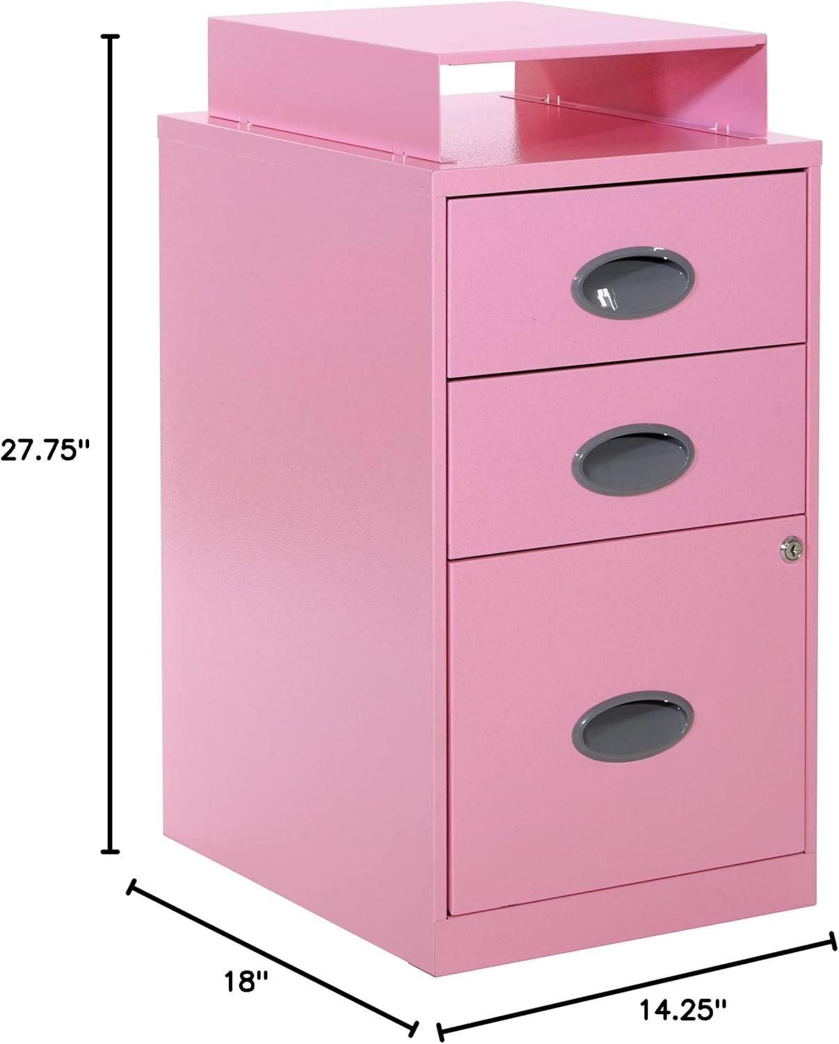 OSP Home Furnishings 3-Drawer Lockable Metal File Cabinet, Pink