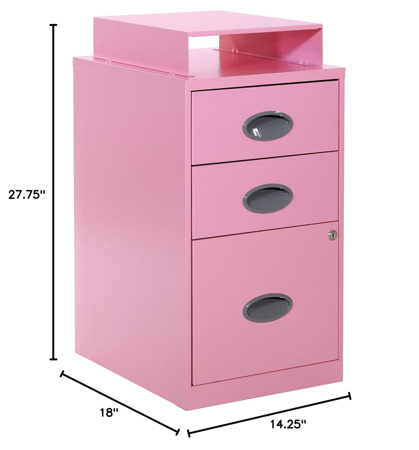 OSP Home Furnishings 3-Drawer Lockable Metal File Cabinet, Pink