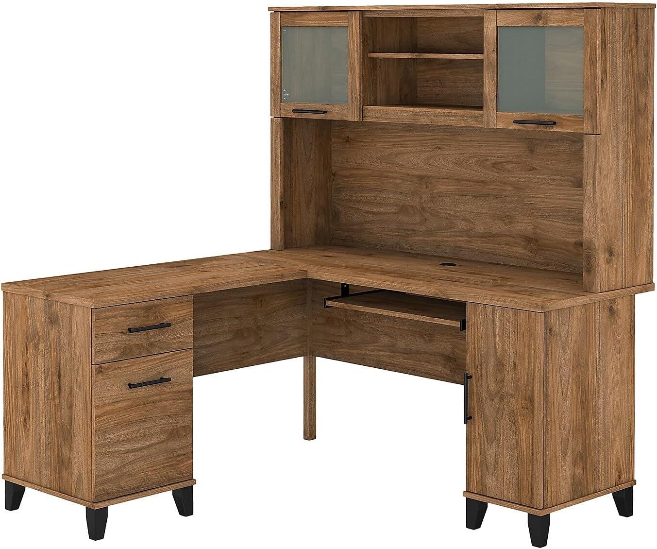 Bush Furniture Somerset 60" L Desk and Hutch with Storage, Fresh Walnut