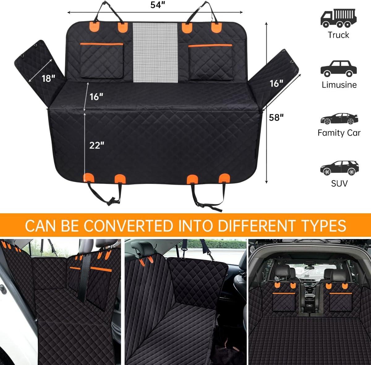 Black Waterproof Dog Car Seat Cover with Mesh Window and Storage Pockets