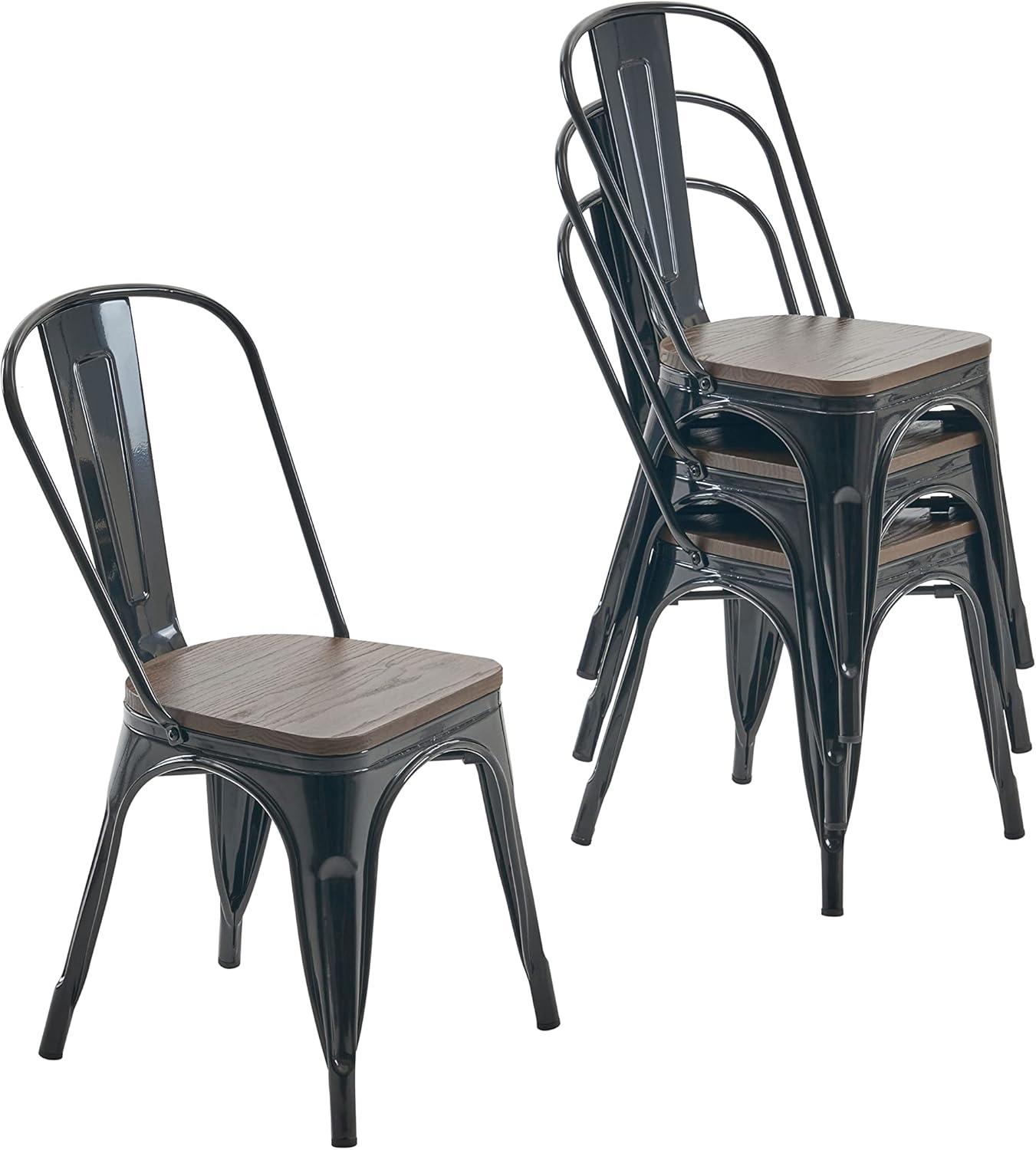 Black Metal Stackable Farmhouse Dining Chairs with Wood Seat, Set of 4