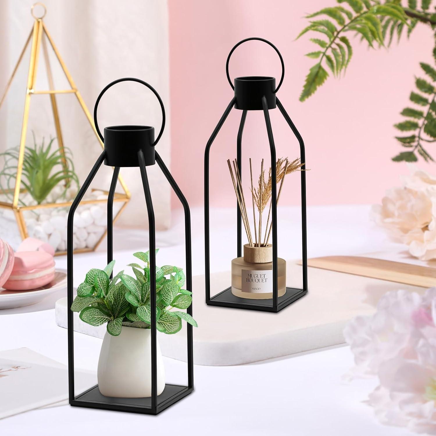 Black Metal Tabletop and Hanging Candle Lanterns with LED Candles