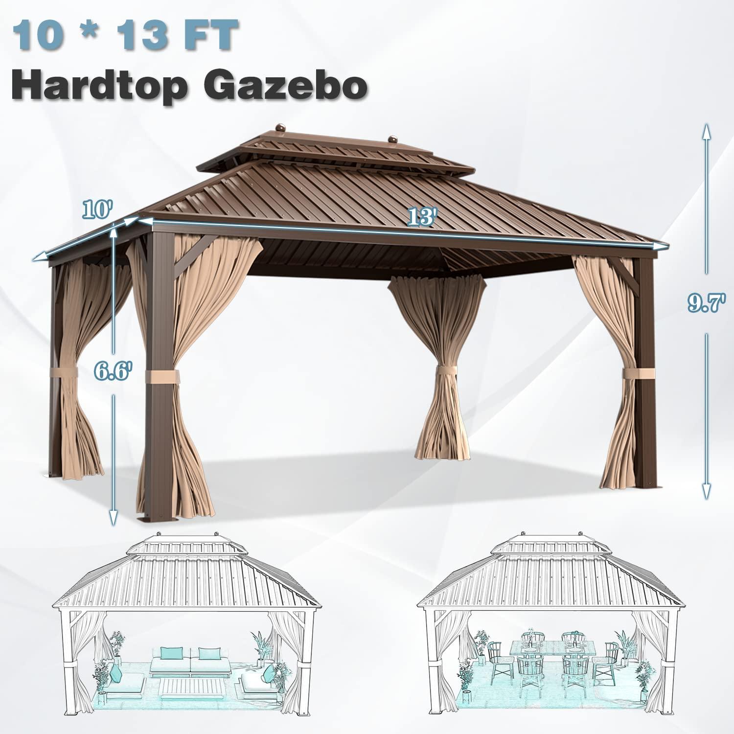 MELLCOM 10'x13' Hardtop Gazebo Double Roof Galvanized Steel Canopy with Aluminum Frame, Permanent Metal Pavilion with Netting and Curtains for Patio, Gardens and Lawns