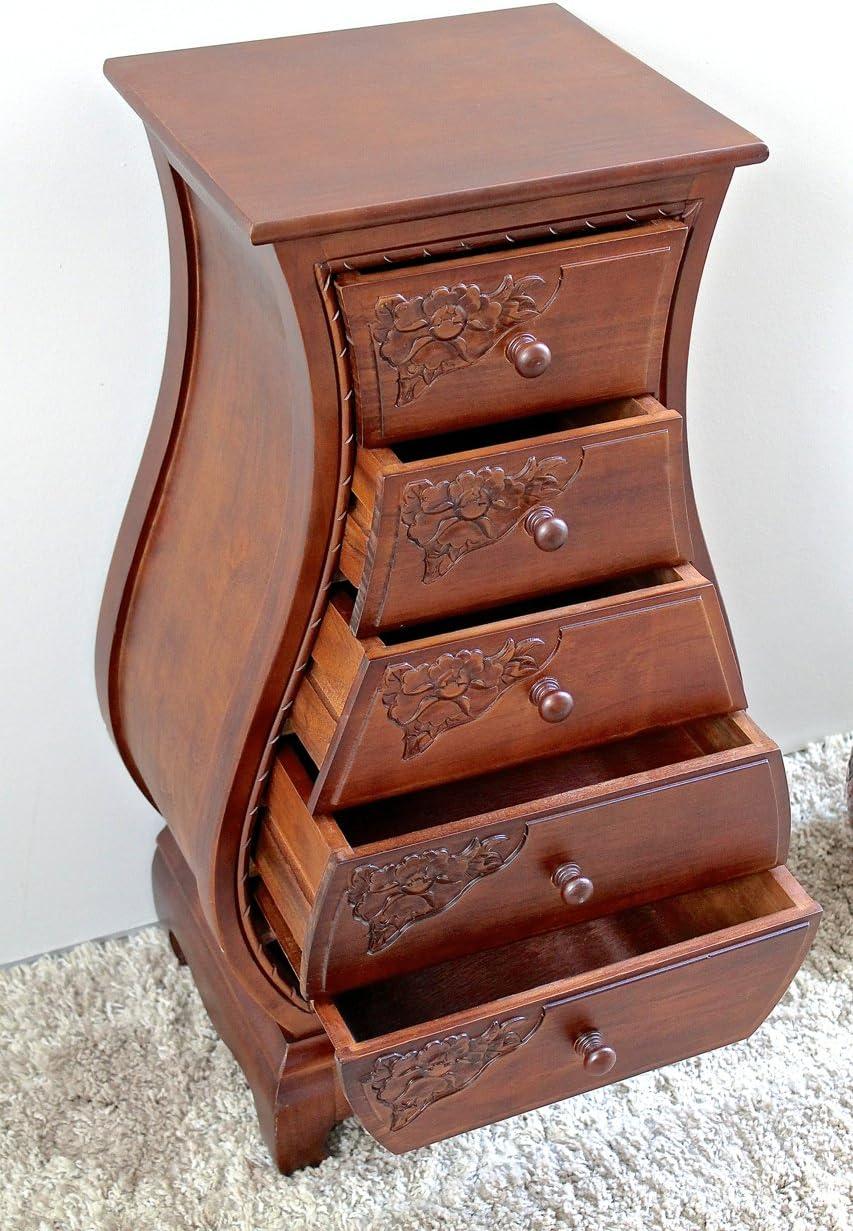 Hand Carved Walnut Stain Hardwood 5-Drawer Bombay Chest