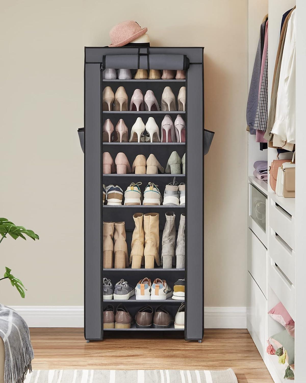 Grey 9-Tier Fabric and Metal Shoe Rack with Cover