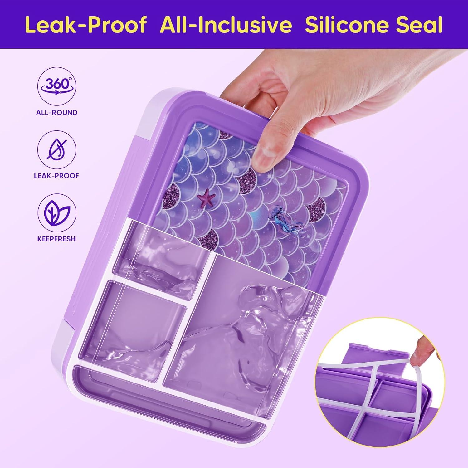 JYPS Bento Box for Kids,Leak-Proof Kids Lunch Box with 6 Compartments,Sauce Container,Utensils,BPA Free Microwave/Dishwasher Safe Lunch Container for Girls and Toddlers Back to School-Purple Mermaid