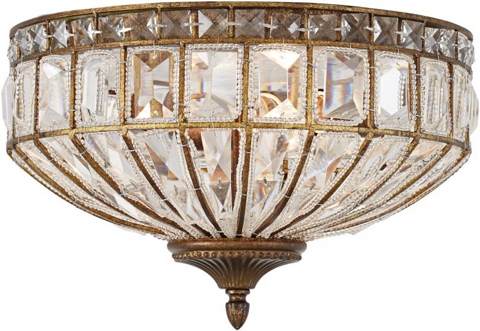 Vienna Full Spectrum Ibeza Vintage Ceiling Light Flush Mount Fixture 15 1/2" Wide Mocha Brown 3-Light Square Cut Crystal for Bedroom Kitchen Hallway