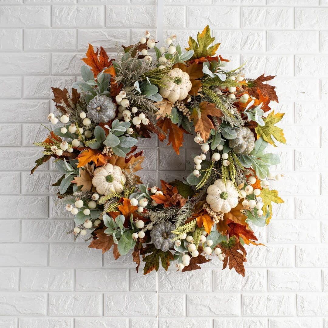 Artificial Fall Wreaths for Front Door Rustic Autumn Wreath with Pumpkin,Rose,Berry Branchesm,Mixed Leaves Thanksgiving Wreath Fall Door Wreath for Halloween Thanksgiving Indoor Outdoor Decor (A15.7)