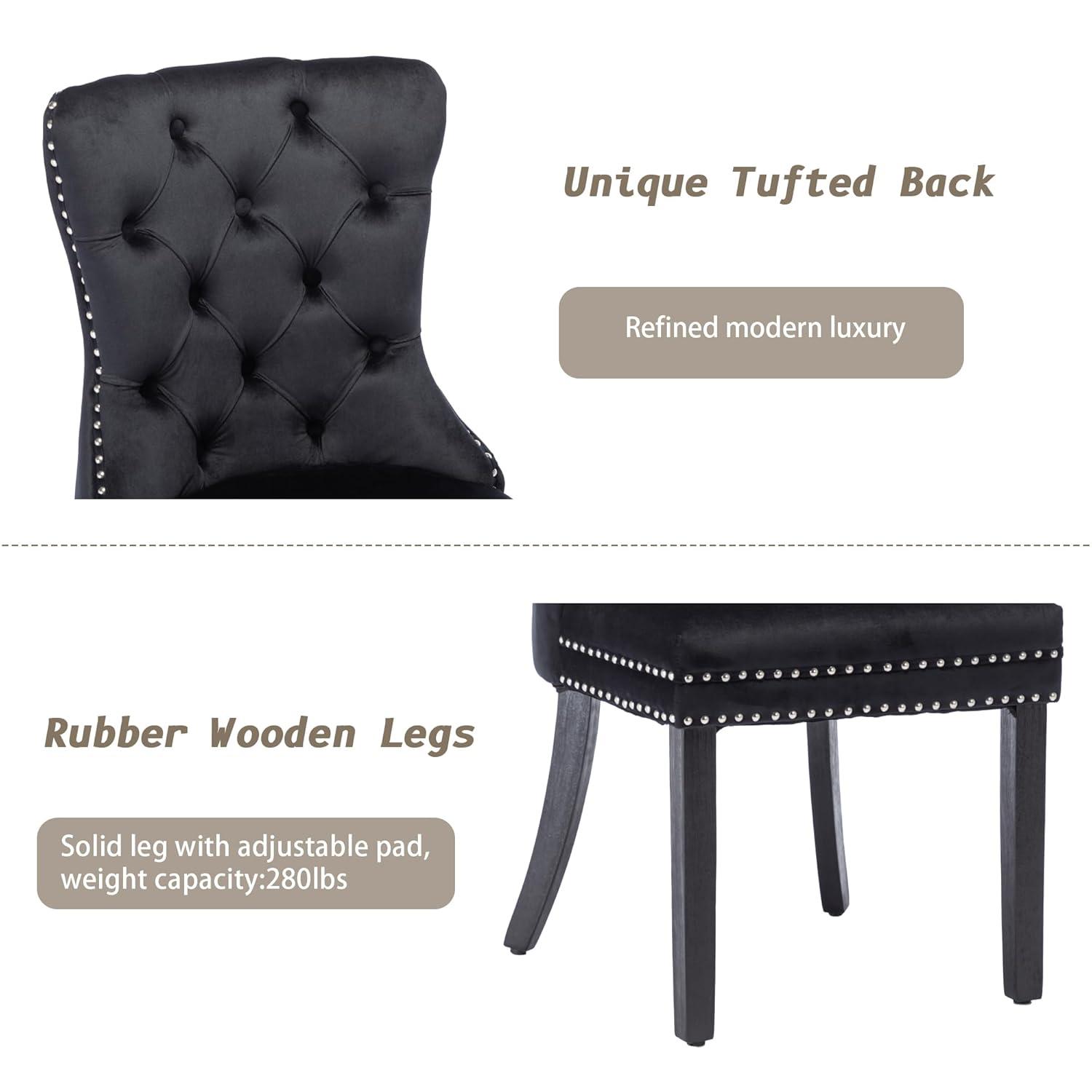 KCC Velvet Dining Chairs Set of 2, Upholstered High-end Tufted Dining Room Chair with Nailhead Back Ring Pull Trim Solid Wood Legs, Nikki Collection Modern Style for Kitchen, Black