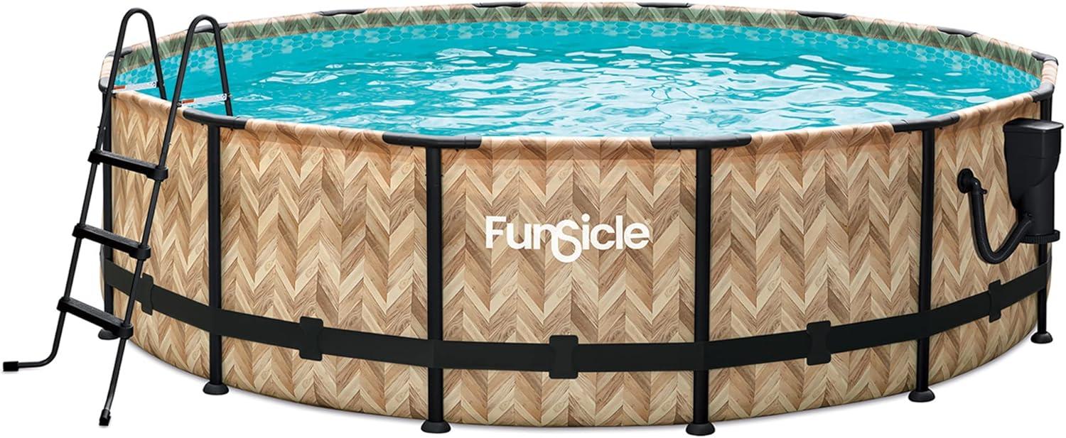 Funsicle 14ft x 42in Round Oasis Designer Above Ground Pool, Oak Herringbone with SkimmerPlus Filter Pump, Age 6 & up