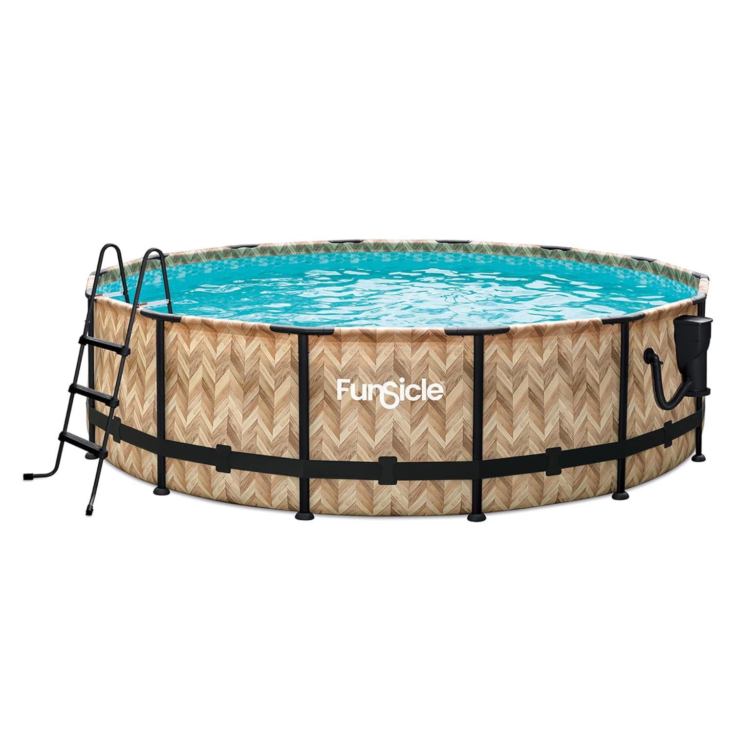 Funsicle 14' x 42" Oasis Designer Round Frame Outdoor Above Ground Swimming Pool Set with SkimmerPlus Filter Pump and Pool Cover, Oak Herringbone