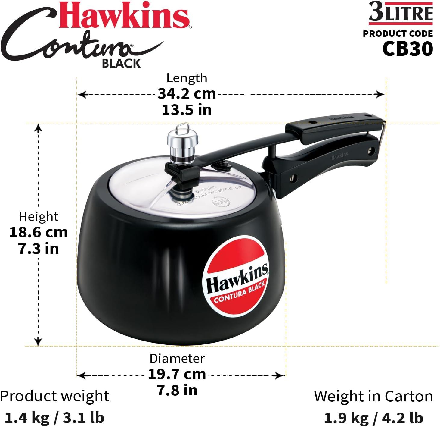 Hawkins 3L Hard Anodized Pressure Cooker: Aluminum, Locking Lid, Cool Touch Handle, Hand Wash, Black
