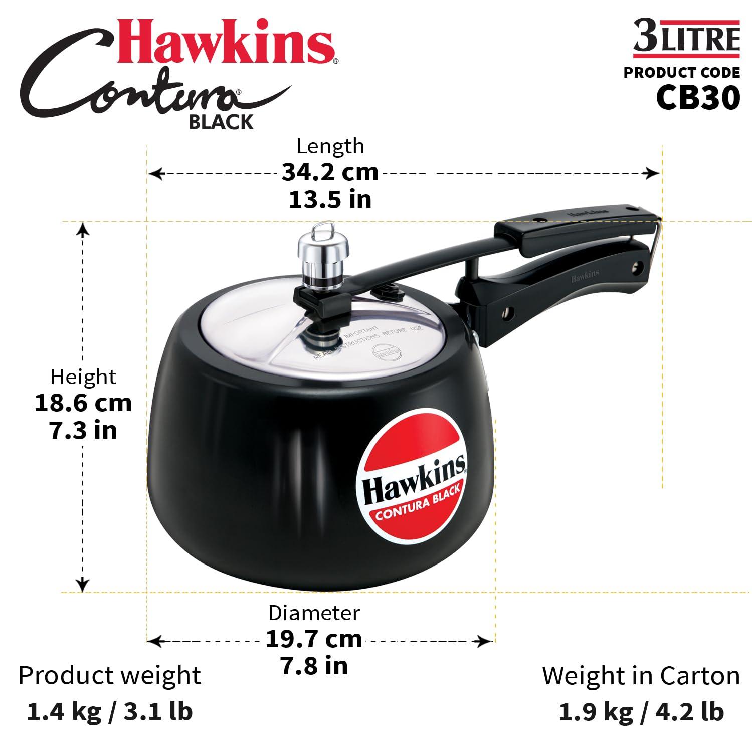 Hawkins 3L Hard Anodized Pressure Cooker: Aluminum, Locking Lid, Cool Touch Handle, Hand Wash, Black