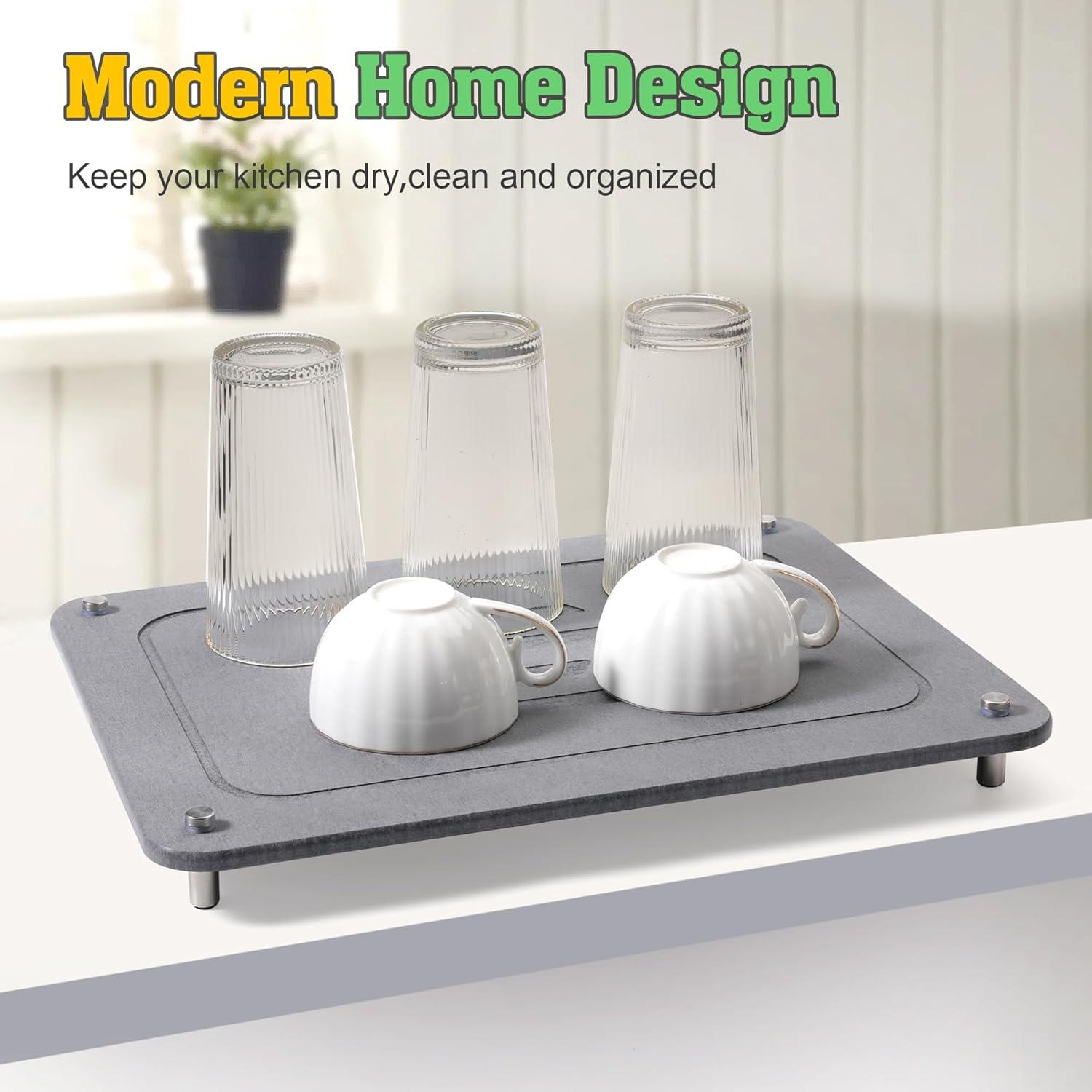 CSD Quick Drying Stone Mat for Kitchen Counter - Super Absorbent & Non Slip Dish Drying Mats - Diatomaceous Earth Sink Tray Mat - Drying Pad - 15.7 × 11.8 Inches