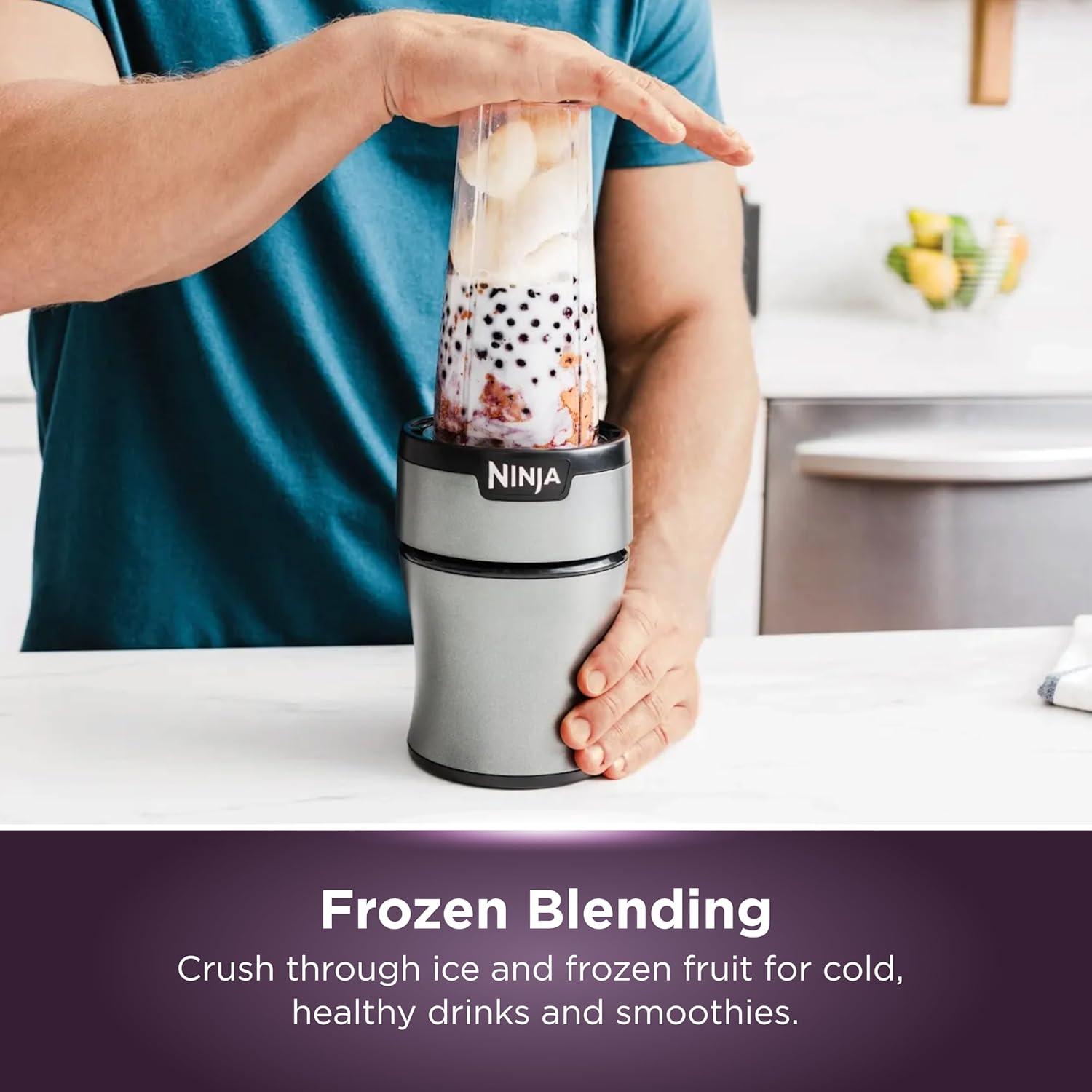Ninja BN301 Nutri-Blender Plus Compact Personal Blender, 900-Peak-Watt Motor, Frozen Drinks, Smoothies, Sauces & More, (3) 20 oz. To-Go Cups, (2) Spout-Lids (1) Storage-Lid, Dishwasher Safe, Silver