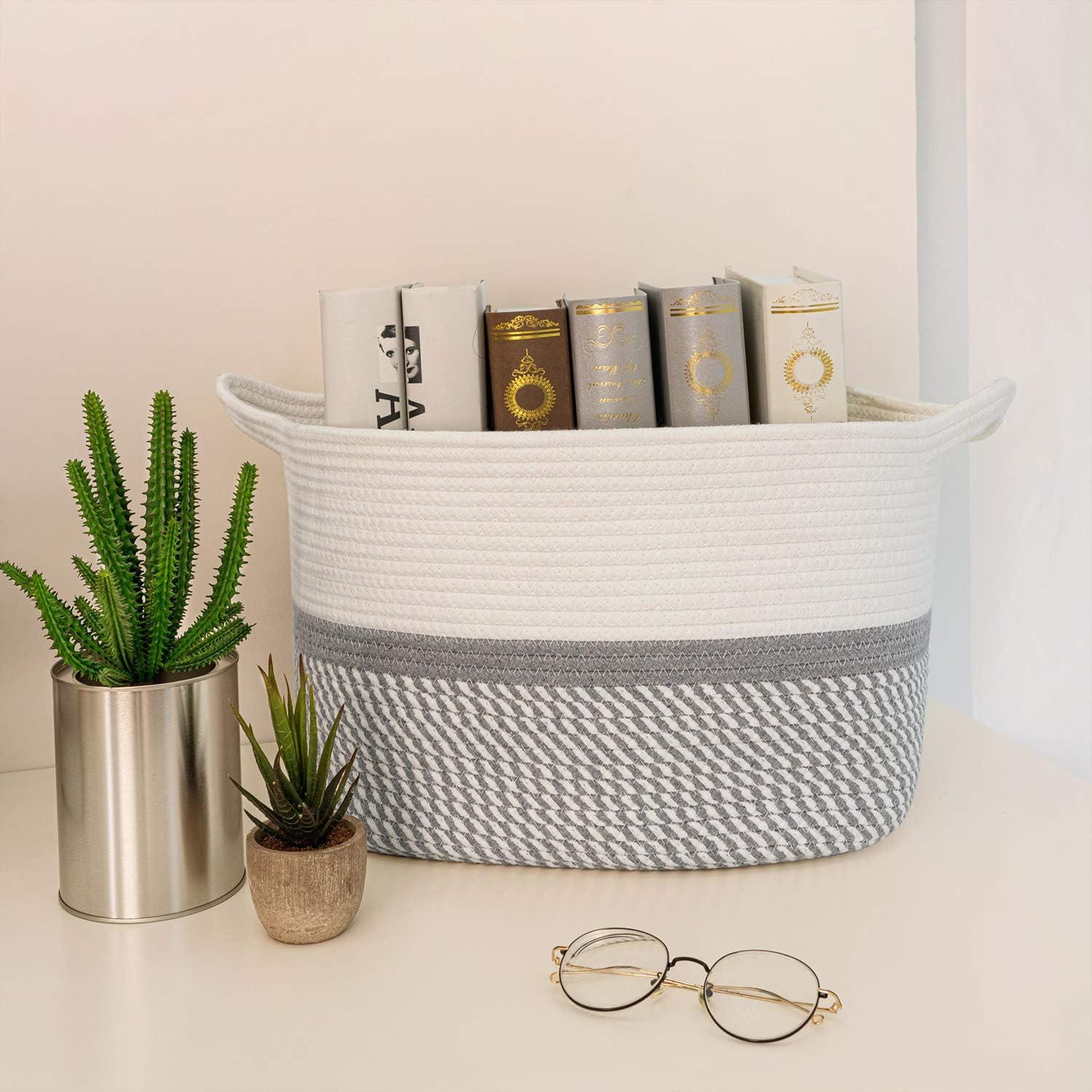 White and Gray Cotton Rope Rectangular Storage Basket