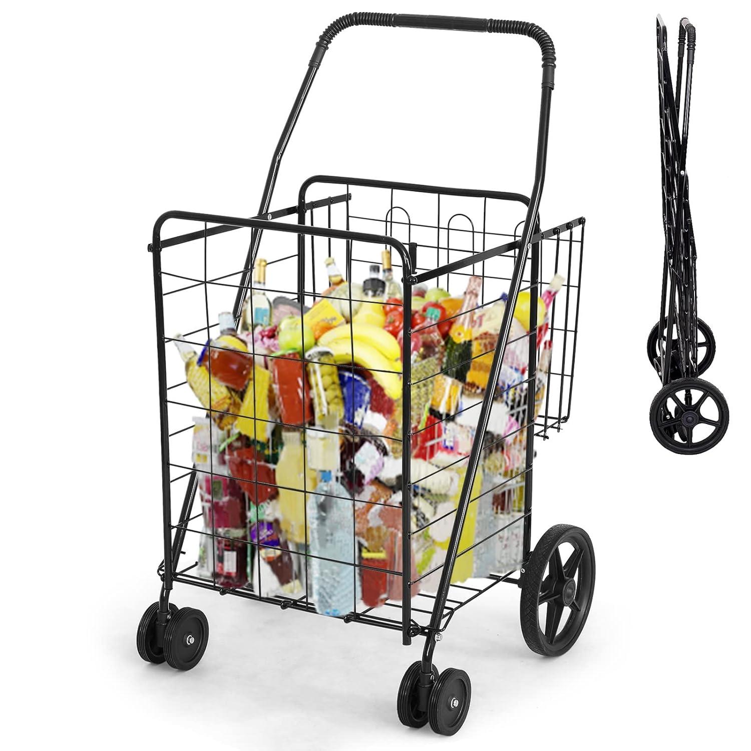 Exlonjet Folding Shopping Grocery Cart Metal Rolling Cart with Double Basket Non-Slip Handle and Swivel Wheels, Light Weight Utility Cart for Laundry Book Luggage Travel