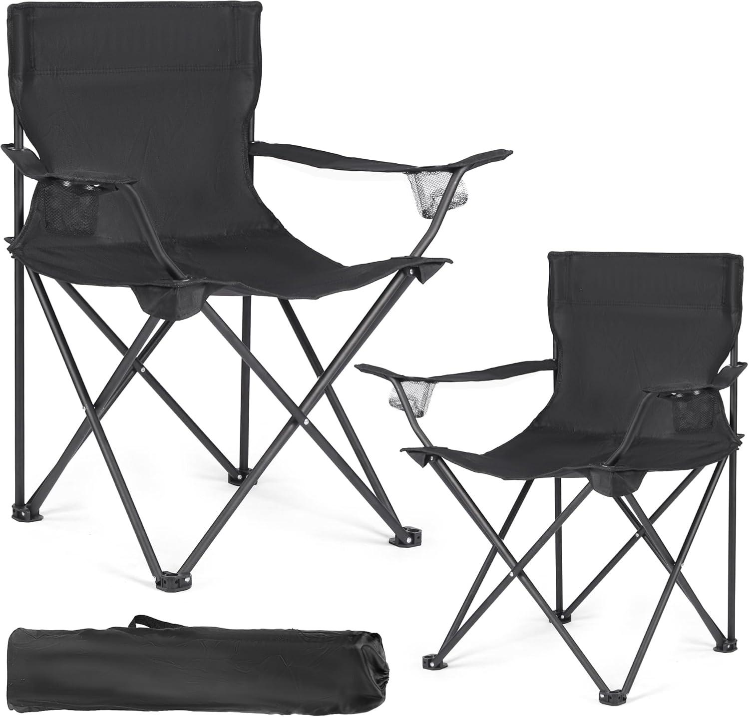 2 Pack Large Portable Camping Chair - Steel Frame, Folding Design, Storage Pockets, Cup Holder, Carry Bag - Ideal for Beach, Fishing, Tailgating, Outdoor Sports - Carry Bag