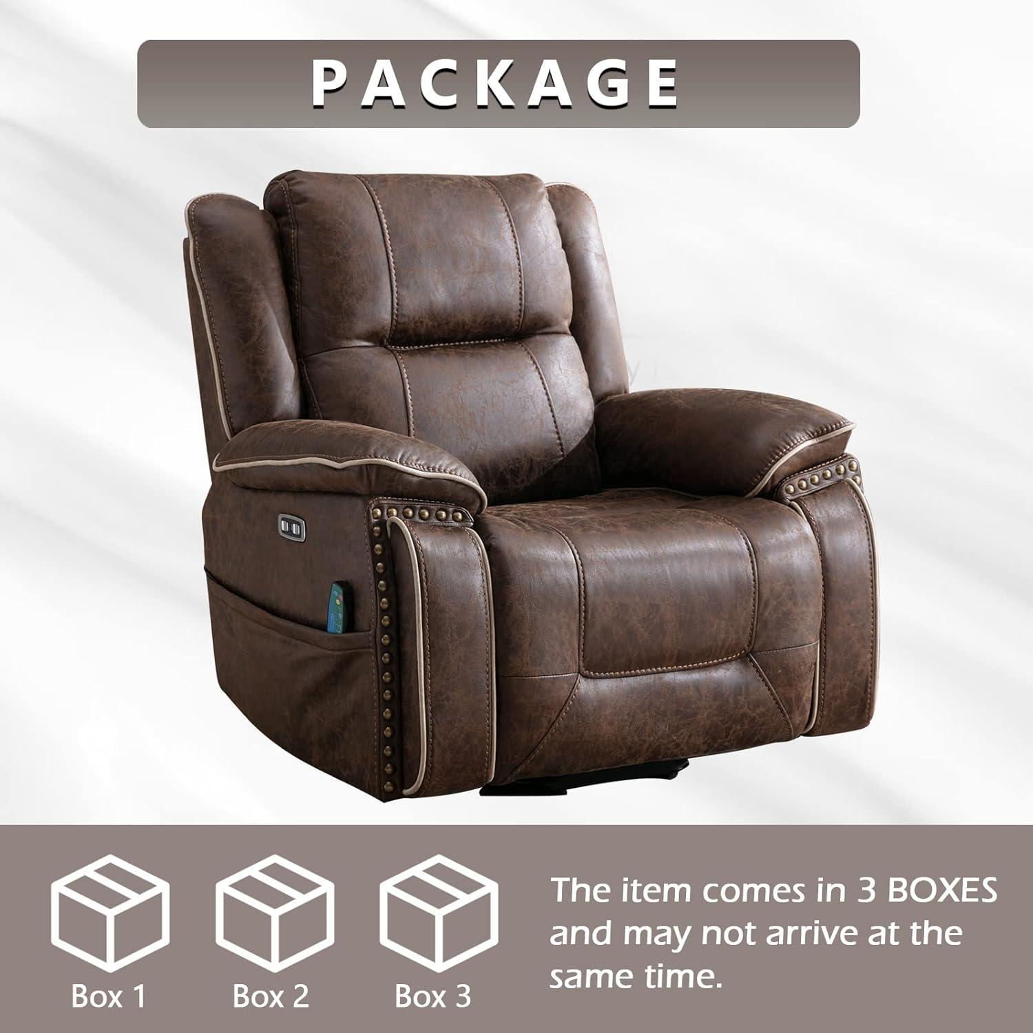 CANMOV Power Recliner Chair Electric Home Theater Seating Soft Leather Movie Chair for Living Room Overstuffed Single Reclining Sofa with Hidden Arm Storage, Cup Holders and USB Ports
