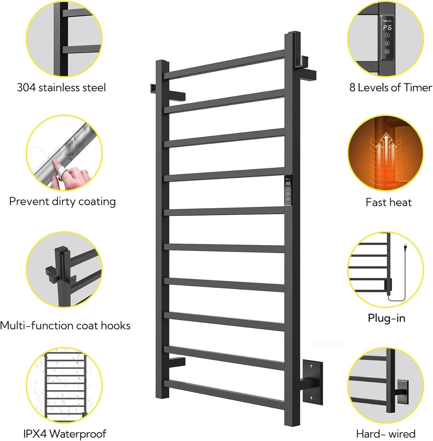 Matte Black 10-Bar Stainless Steel Wall Mounted Towel Warmer