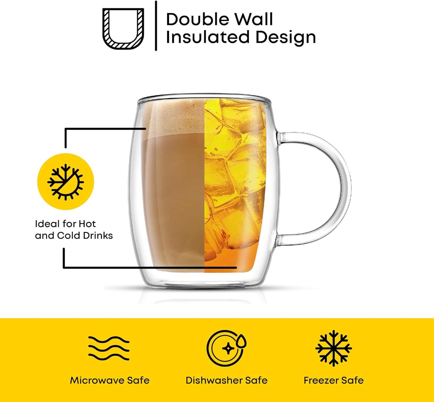 JoyJolt Aroma Double Walled Insulated Glasses - Set of 2 Double Wall Coffee Tea Glass Mugs - 13.5 oz